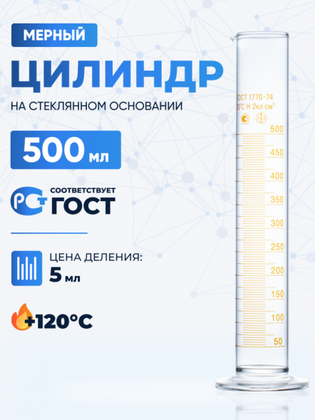Цилиндр 500 мл (мерный: исполнение 1 - на стеклянном основании), 1-500-2, боросиликатное стекло Boro 3.3, Лабор, (Не внесена в ГРСИ)